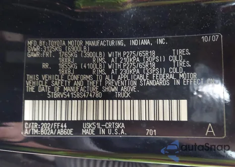 2008 Toyota Tundra Sr5 5.7L V8 from USA, damaged, VIN 5TBRV54158S474780